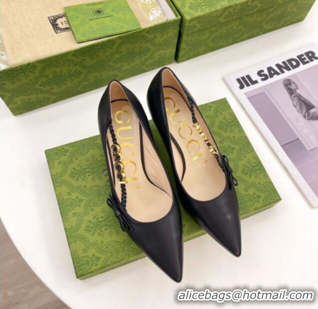 Popular Style Gucci Leather Pumps 5.5cm with 'GUCCI' Bow Black 032853