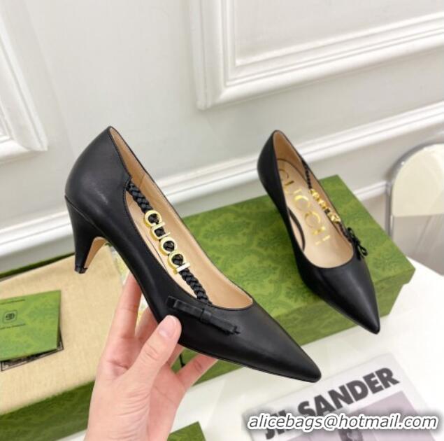 Popular Style Gucci Leather Pumps 5.5cm with 'GUCCI' Bow Black 032853