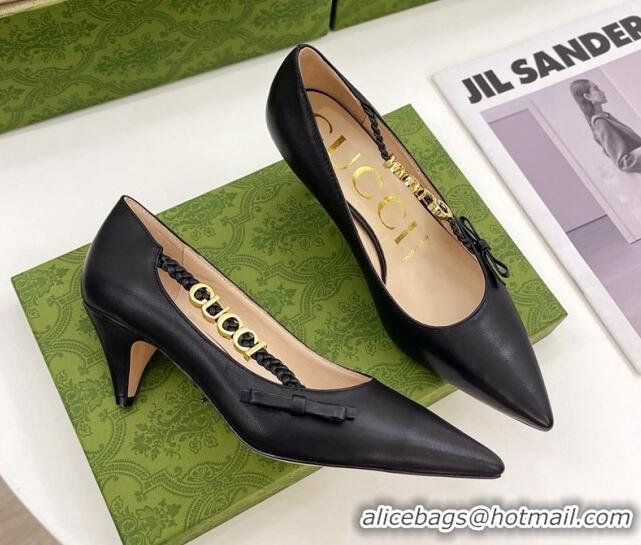 Popular Style Gucci Leather Pumps 5.5cm with 'GUCCI' Bow Black 032853