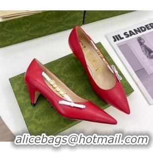 Good Looking Gucci Leather Pumps 5.5cm with 'GUCCI' Bow Red 032854