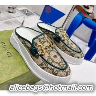 Grade Quality Gucci GG Flower Jacquard Flat Mules Beige/Green 032862