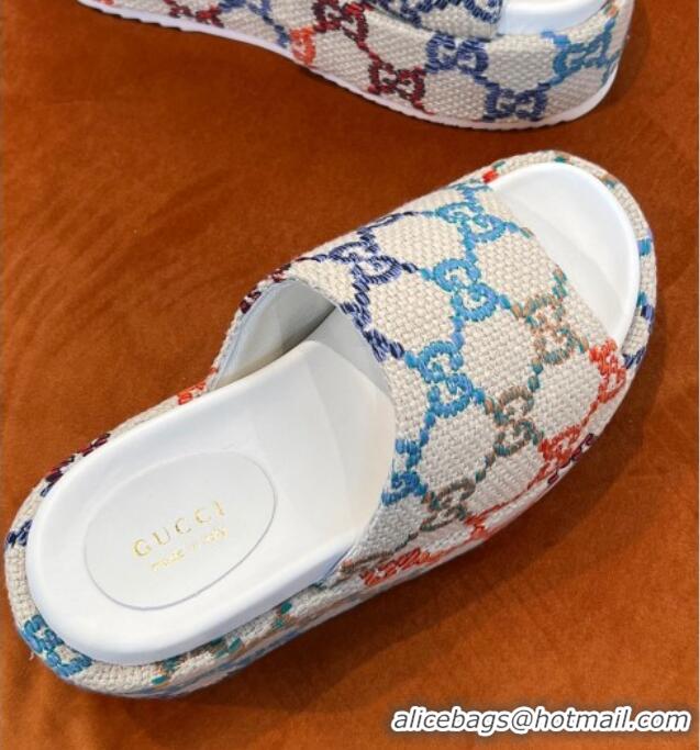 1:1 aaaaa Gucci GG Jacquard Wedge Platform Slide Sandals 12cm White 032897