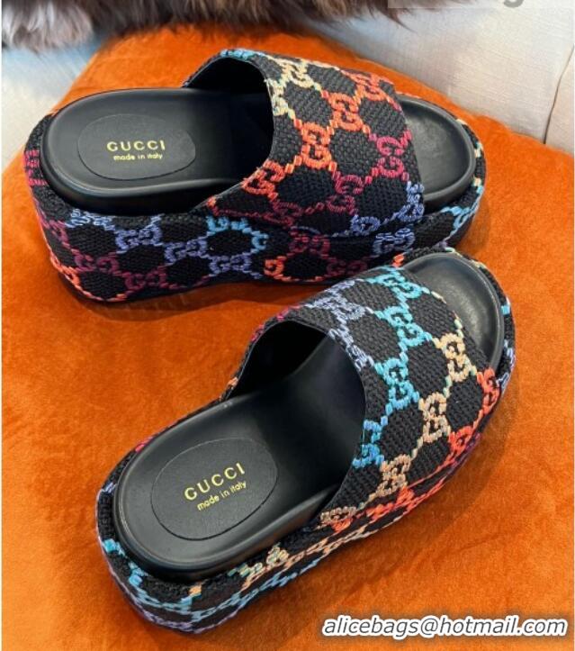 1:1 Gucci GG Jacquard Wedge Platform Slide Sandals 12cm Black 032898