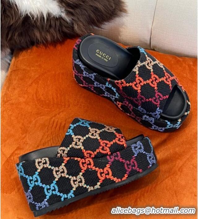 1:1 Gucci GG Jacquard Wedge Platform Slide Sandals 12cm Black 032898