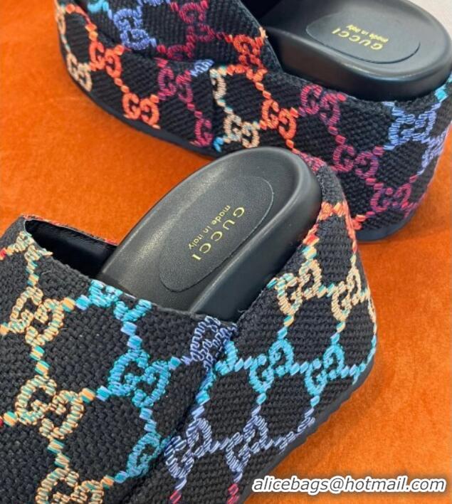 1:1 Gucci GG Jacquard Wedge Platform Slide Sandals 12cm Black 032898