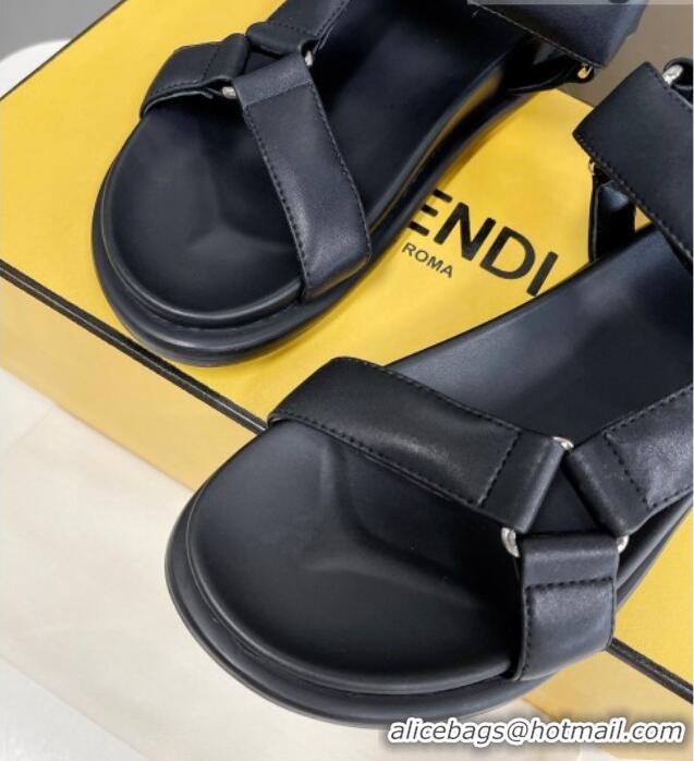 Hot Style Fendi Feel Leather Flat Sandals Black 032234