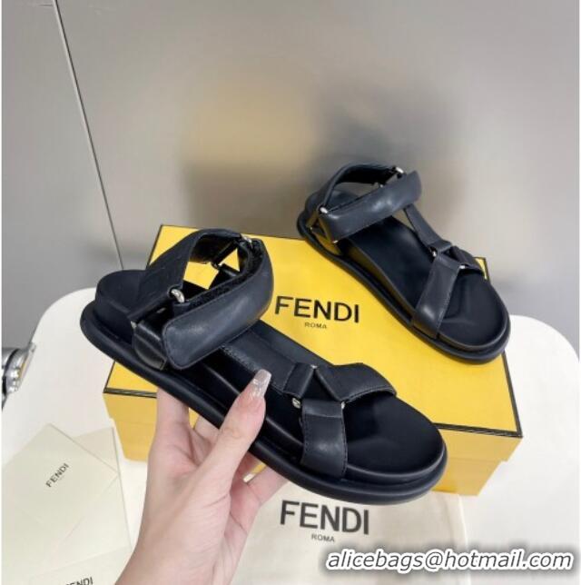 Hot Style Fendi Feel Leather Flat Sandals Black 032234