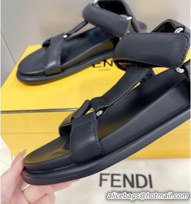 Hot Style Fendi Feel Leather Flat Sandals Black 032234