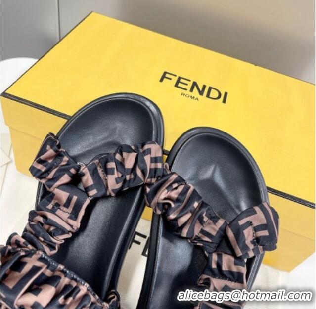 Stylish Fendi Feel FF Silk Flat Sandals Brown 032236