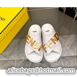 Luxury Fendi Fendigraphy Leather Lettering Flat Slide Sandals White 032237