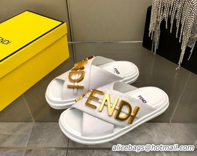 Luxury Fendi Fendigraphy Leather Lettering Flat Slide Sandals White 032237