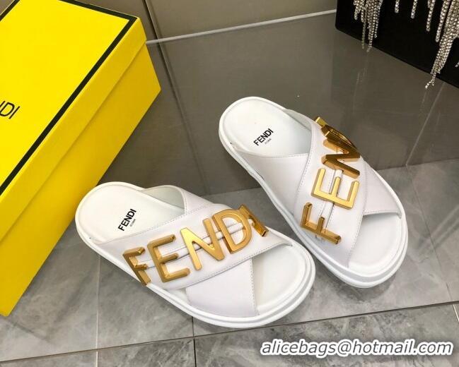 Luxury Fendi Fendigraphy Leather Lettering Flat Slide Sandals White 032237