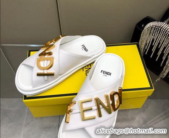 Luxury Fendi Fendigraphy Leather Lettering Flat Slide Sandals White 032237