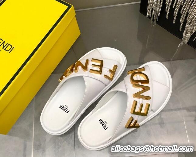 Luxury Fendi Fendigraphy Leather Lettering Flat Slide Sandals White 032237