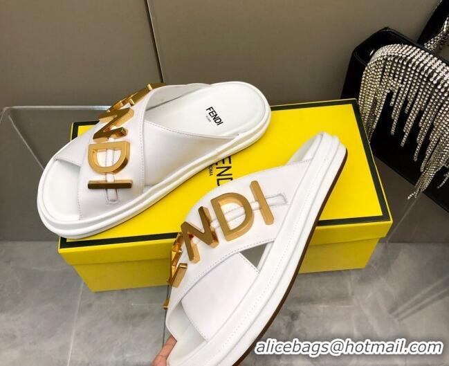 Luxury Fendi Fendigraphy Leather Lettering Flat Slide Sandals White 032237