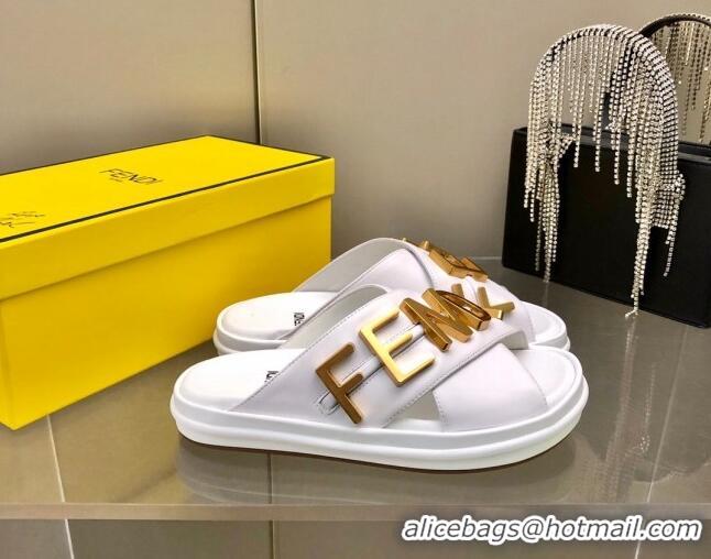 Luxury Fendi Fendigraphy Leather Lettering Flat Slide Sandals White 032237