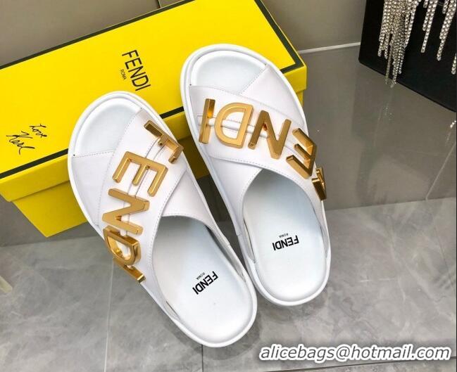 Luxury Fendi Fendigraphy Leather Lettering Flat Slide Sandals White 032237