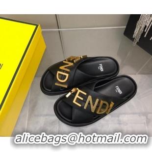 Classic Hot Fendi Fendigraphy Leather Lettering Flat Slide Sandals Black 032238