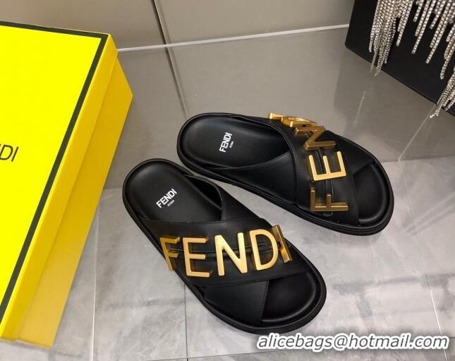 Classic Hot Fendi Fendigraphy Leather Lettering Flat Slide Sandals Black 032238