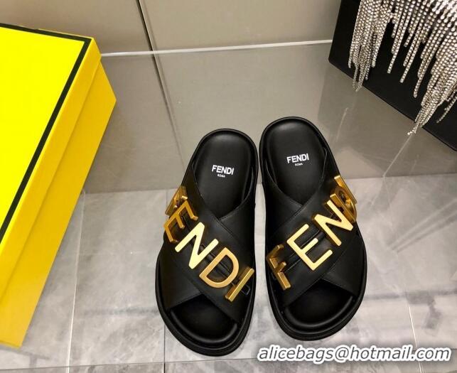 Classic Hot Fendi Fendigraphy Leather Lettering Flat Slide Sandals Black 032238