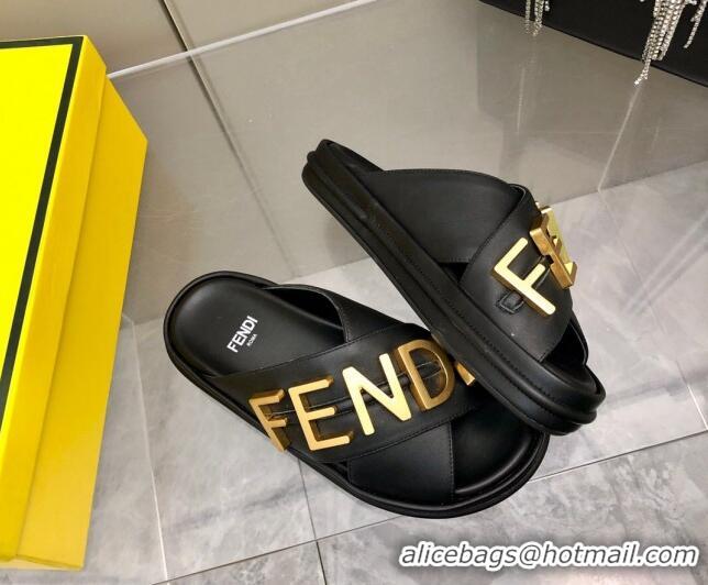 Classic Hot Fendi Fendigraphy Leather Lettering Flat Slide Sandals Black 032238