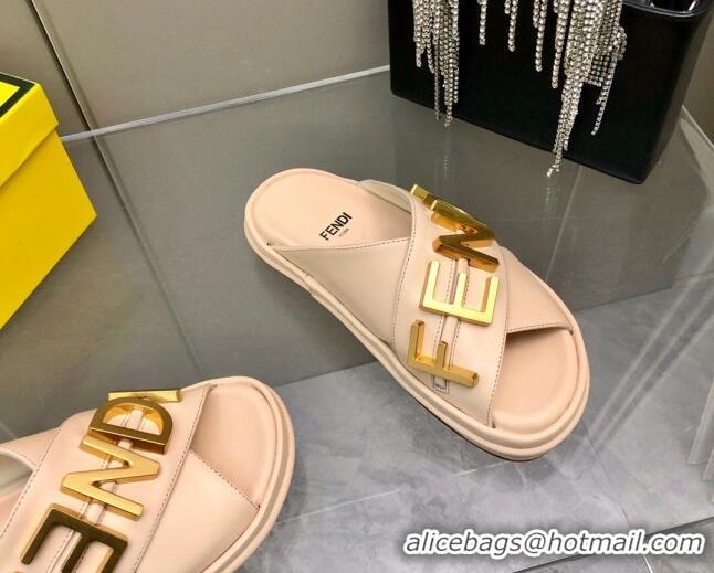 Low Price Fendi Fendigraphy Leather Lettering Flat Slide Sandals Pink 032239