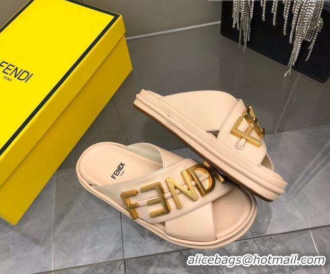 Low Price Fendi Fendigraphy Leather Lettering Flat Slide Sandals Pink 032239