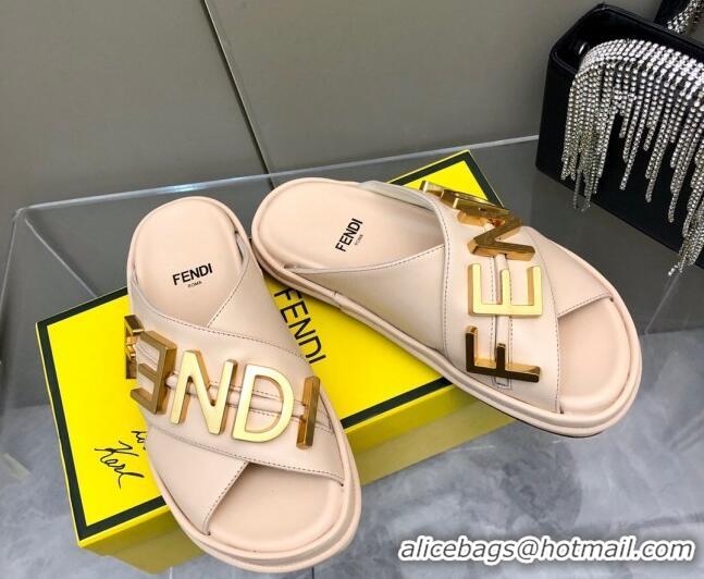 Low Price Fendi Fendigraphy Leather Lettering Flat Slide Sandals Pink 032239