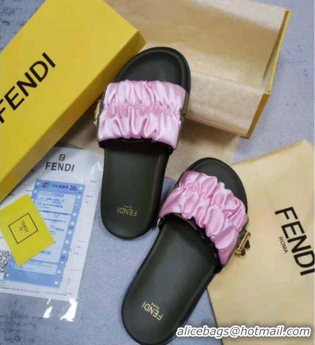 Luxury Fendi Feel Satin Drawstring Flat Slide Sandals Pink 032240