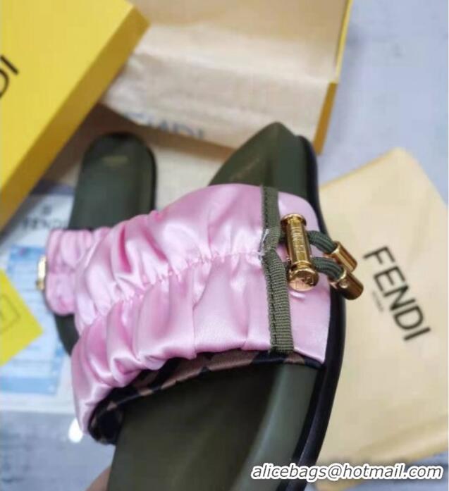 Luxury Fendi Feel Satin Drawstring Flat Slide Sandals Pink 032240