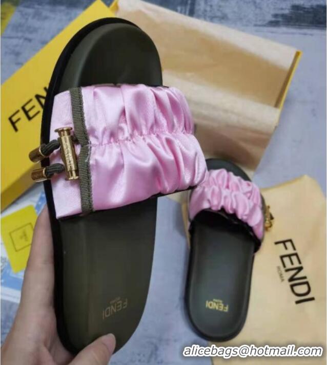 Luxury Fendi Feel Satin Drawstring Flat Slide Sandals Pink 032240