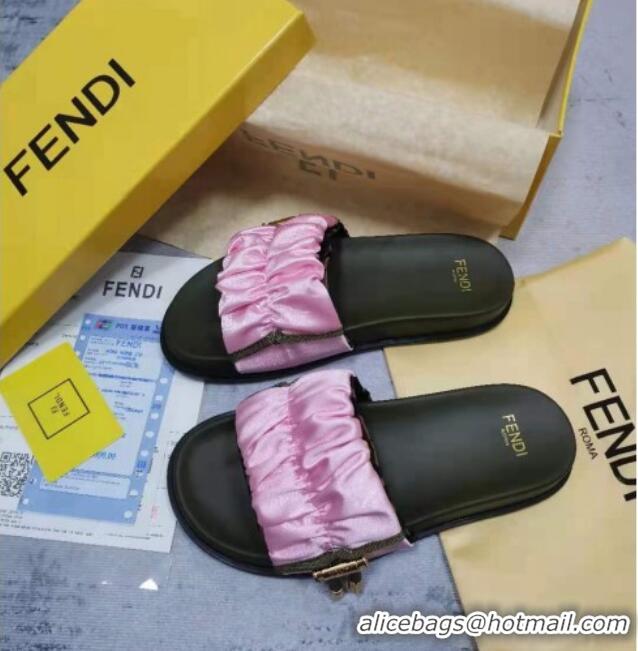 Luxury Fendi Feel Satin Drawstring Flat Slide Sandals Pink 032240