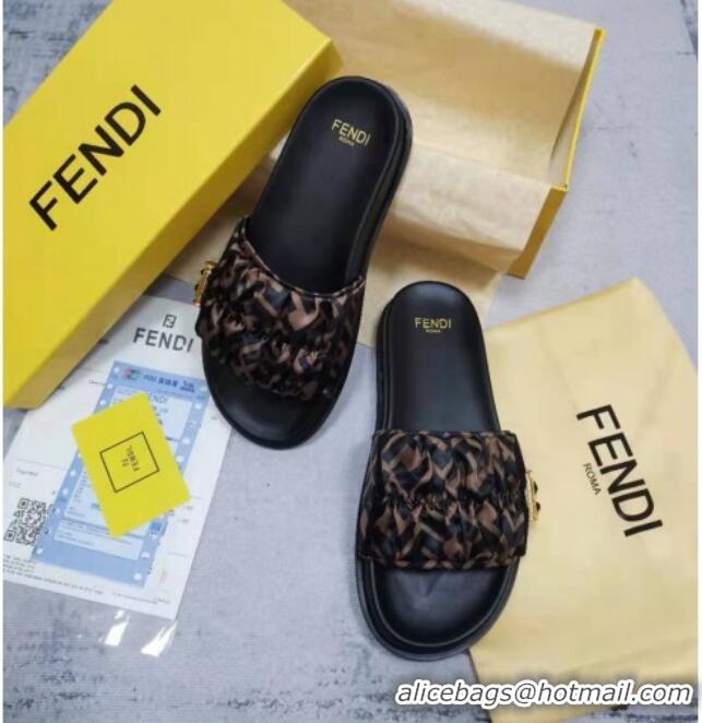 Discount Fendi Feel FF Satin Drawstring Flat Slide Sandals Brown 032241