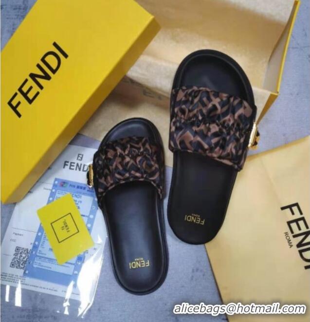 Discount Fendi Feel FF Satin Drawstring Flat Slide Sandals Brown 032241