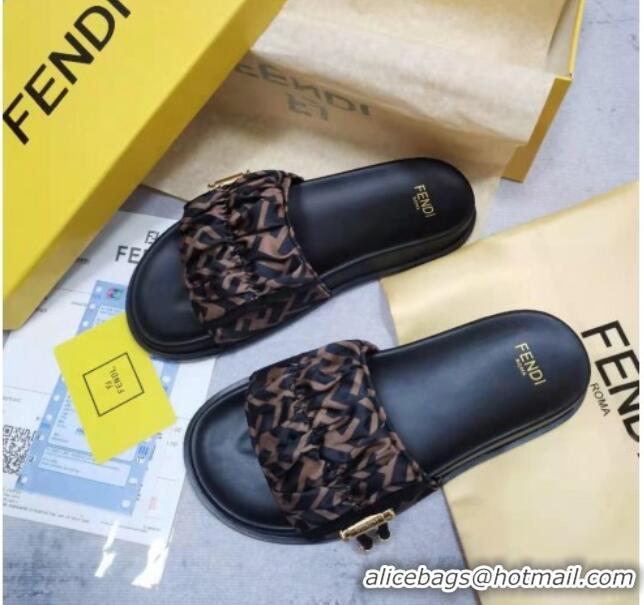 Discount Fendi Feel FF Satin Drawstring Flat Slide Sandals Brown 032241