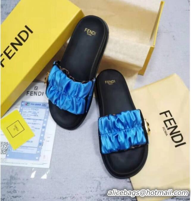 Perfect Fendi Feel Satin Drawstring Flat Slide Sandals Blue 032242