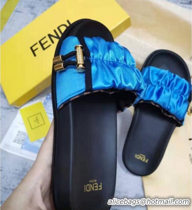 Perfect Fendi Feel Satin Drawstring Flat Slide Sandals Blue 032242