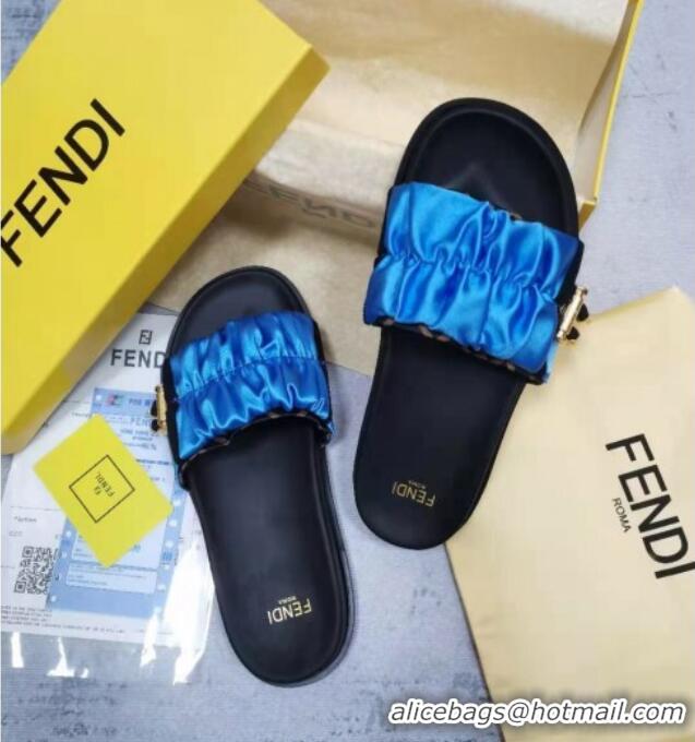 Perfect Fendi Feel Satin Drawstring Flat Slide Sandals Blue 032242