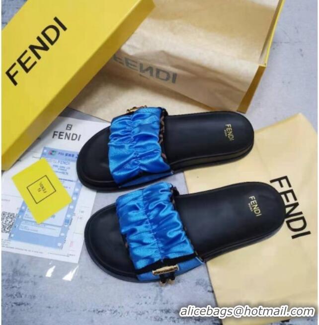 Perfect Fendi Feel Satin Drawstring Flat Slide Sandals Blue 032242