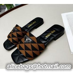 Classic Specials Prada Symbole Jacquard Fabric Flat Slide Sandals Brown 032368