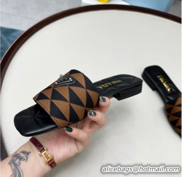 Classic Specials Prada Symbole Jacquard Fabric Flat Slide Sandals Brown 032368