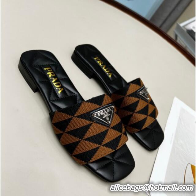 Classic Specials Prada Symbole Jacquard Fabric Flat Slide Sandals Brown 032368