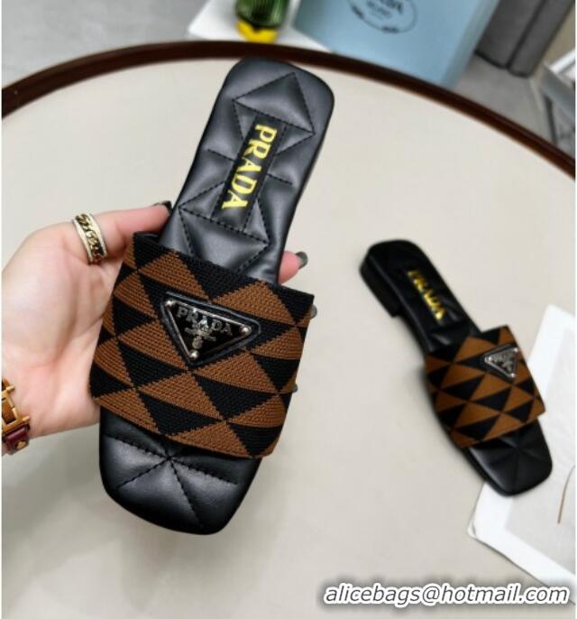 Classic Specials Prada Symbole Jacquard Fabric Flat Slide Sandals Brown 032368