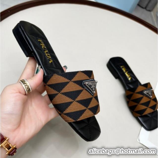 Classic Specials Prada Symbole Jacquard Fabric Flat Slide Sandals Brown 032368