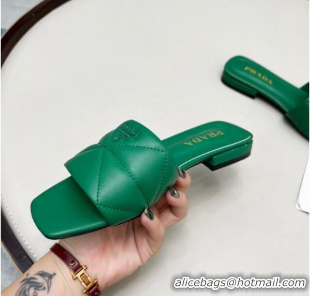 Luxury Prada Calf Leather Flat Slide Sandals Green 032372