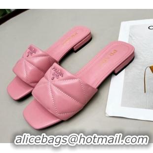 Best Grade Prada Calf Leather Flat Slide Sandals Pink 032373