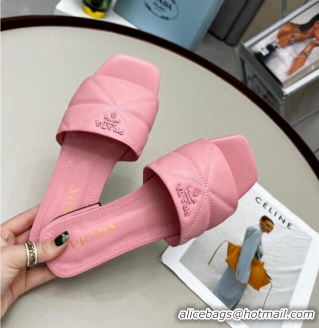 Best Grade Prada Calf Leather Flat Slide Sandals Pink 032373