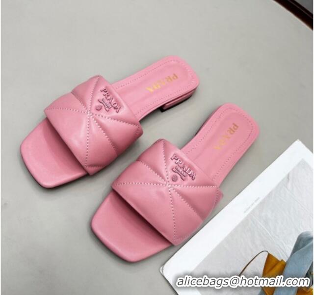 Best Grade Prada Calf Leather Flat Slide Sandals Pink 032373