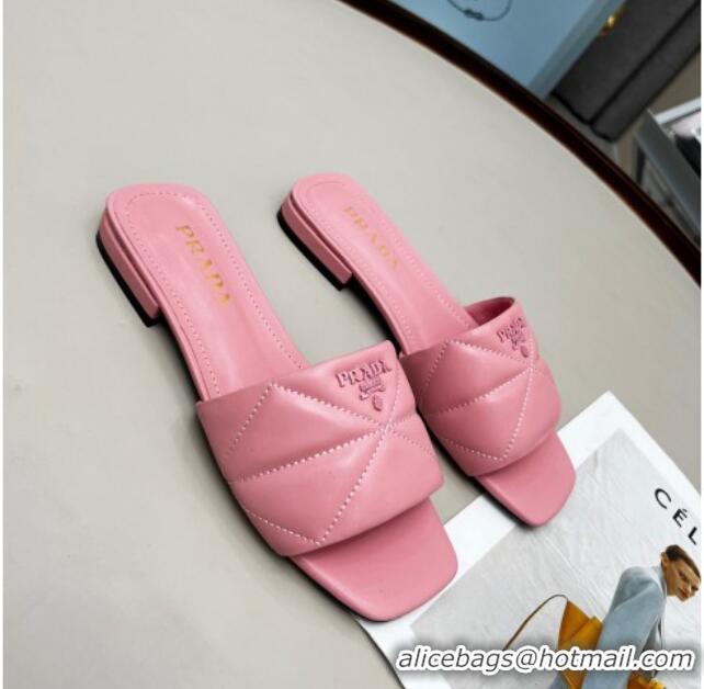 Best Grade Prada Calf Leather Flat Slide Sandals Pink 032373