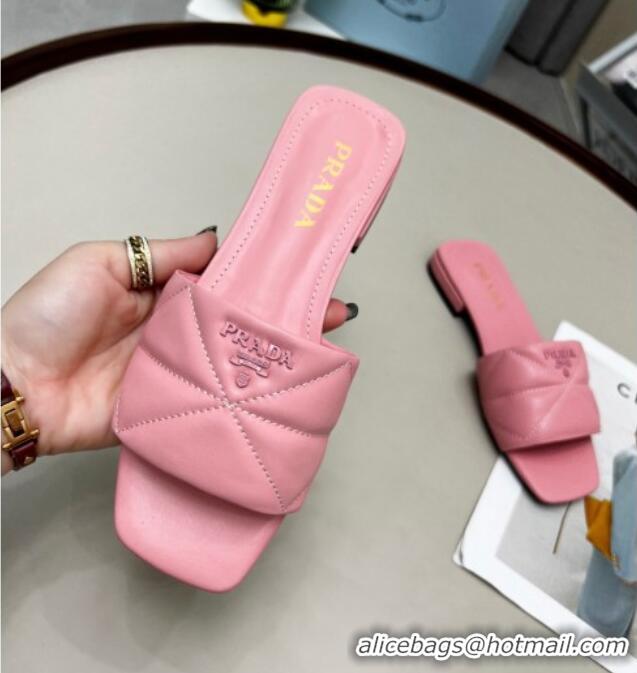 Best Grade Prada Calf Leather Flat Slide Sandals Pink 032373